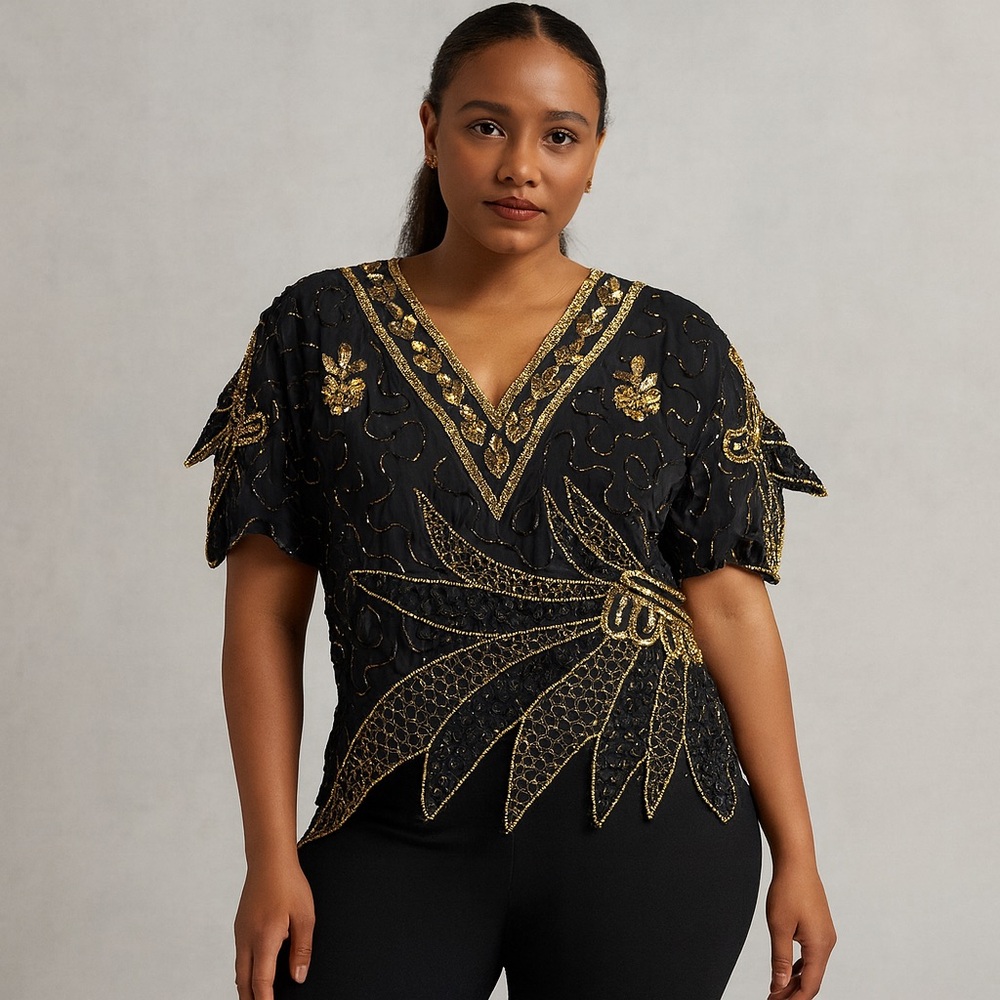 ✨ Vintage SND 100% Silk Hand Beaded Sequin Top | Made in India | Women’s L